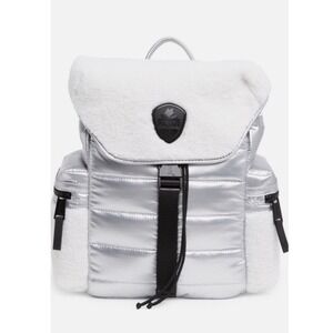 Pajar Quilted Backpack Silver Metallic Faux Shearling Trim Accents